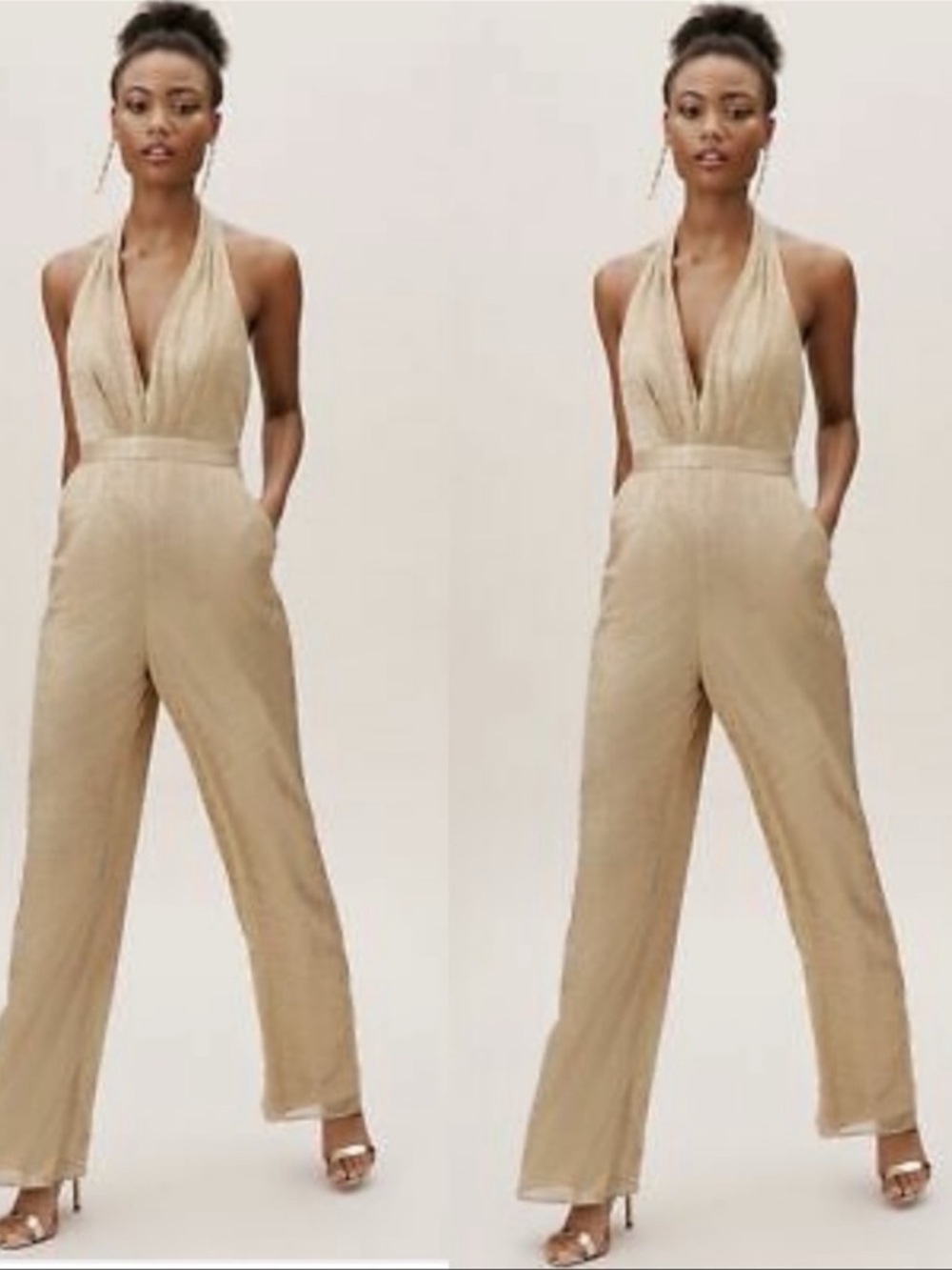 BHLDN Halter V-Neck Wide-Leg Jumpsuit in Beige